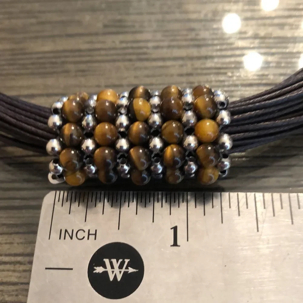 Waxed Brown Cord Necklace with Silver & Tigers Eye Beads, Sterling End Caps
